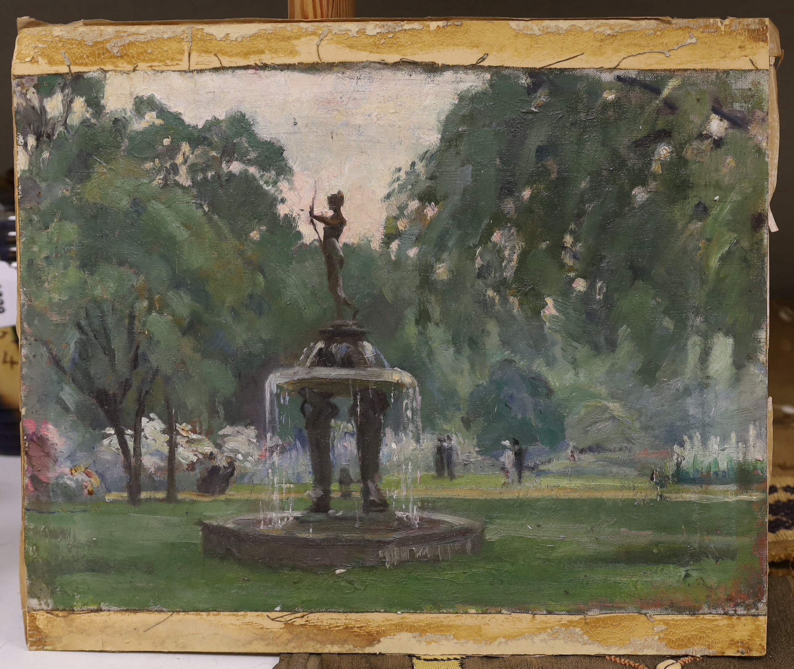 20th century Impressionist oil on canvas laid on board, Figural water fountain before a park, 46 x 34cm, unframed